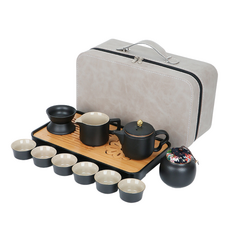 高質感大全配茶具禮盒 茶具組 茶壺 茶杯 旅行茶具 泡茶組 茶具套裝 茶具 禮物 中秋送禮, 皮箱+茶具組+茶盤, 【白皮箱款】九陶壺, 1套