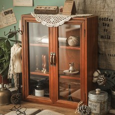 감성 원목 양문형 유리 장식장 3단 홈카페 컵 보관함 빈티지 우드 미니 수납장 진열대
