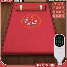 多功能遠紅外電熱理療墊 頸肩腰腿熱敷 居家便攜 3C認證 自動斷電 除螨散濕, 60X150升級防火加厚艾灸墊,艾絨刺繡牡丹紅色送脊椎枕