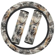 SEANATIVE 블랙 미국 국기 플란넬 자동차 액세서리 세트 푹신하고 신축성 있는 자동차 스티어링 휠 커버 두껍고 따뜻한 2피스 안전 벨트 커버 패드 자동 내부 겨울용, 사슴 카모 미국 국기