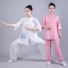 亞麻套裝棉麻褲套裝夏季冰絲套裝涼感褲繡花太極服女夏季棉麻短袖太極拳練功服女亞麻透氣武術服套裝新版