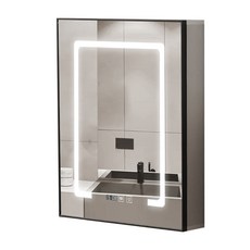 太空鋁觸屏智能鏡櫃 LED帶燈一鍵除霧 掛牆免打孔 小戶型衛生間化妝鏡 (40/50cm), 淺灰色41cm智能鏡櫃（燈光+除霧+時間日期+溫度顯示）