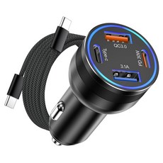 아이폰 17/16 프로 맥스 차량용 충전기 65W 4포트 USB C 시가 라이터 어댑터 고속 충전 충전기 1.8m(6피트) 브레이드 케이블 플러스/16 프로/16 15 맥스, 블랙