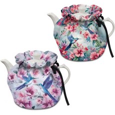 단열 주전자 커버 티포트 코지 주방 티팟 먼지 아침 식사 냄비 워머 커버고무밴드 포함 벌새와 꽃 프린트, 분홍 꽃과 파란 허밍버드