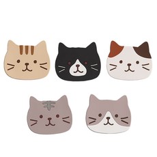 귀여운 고양이 티코스터 컵받침 실리콘 5종 세트, 5개, 혼합