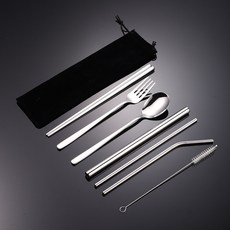 妃雪森 304不鏽鋼韓式餐具8件組 附吸管、吸管刷、便攜餐具套裝, 1個, 304韓式餐具-8件套-銀色,紅色絨袋