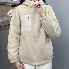 TKX 여성용 양털 후드 집업 점퍼 가을 겨울 따뜻한 캐주얼 루즈핏 자켓 지퍼 포켓 장식 KN53