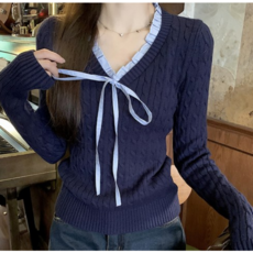 여성 기본 꽈배기 니트리본이 달린 브이넥 긴팔 니트 헬리스2color
