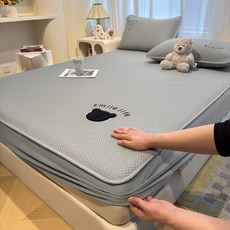 高端冰絲涼蓆三件套刺繡涼感PE冰豆豆空調席可機洗宿舍單人軟席子, 八寶熊-灰【牀笠款】