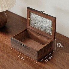 無品牌 海棠花玻璃收納盒 復古木質桌面雜物整理翻蓋木盒, 1個, 小號