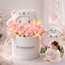 Flyaiku 비누꽃 장미 꽃다발 11송이 곰인형 LED 선물박스 생일 기념일 선물, 1개, 핑크색