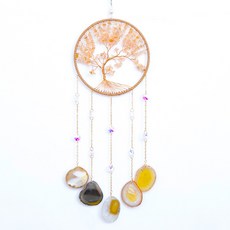 YRY 생명에너지나무 드림캐처 황수정 마노 원석 조각 윈드차임 인테리어 소품, Yellow, White