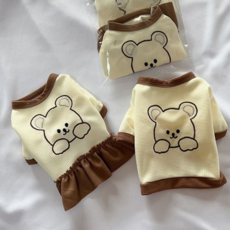 강아지 티셔츠 곰돌이 소형견 얇은 강아지 옷 가을 반려동물 원피스 자수 셔링