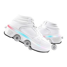 Pairduck남녀공용 접이식 롤러스케이트 인라인스케이트 LED 컬러 조명 포함 쿼드 스케이트, 1개, 흰색 하이탑 LED 07