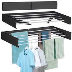 FOCHIER F 세탁 건조대 벽걸이 의류 접이식 5개의 알루미늄 막대 및 드릴 템플릿 포함 긴 스크루 드라이버 비트 27.2kg60파운드 용량 블랙 59.9cm23.6인치