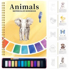 성인 및 초보자를 위한 수채화 워크북 초보자 친화적인 그림책 24가지 색상 페인트 창의적인 연습을 위한 올인원 수채화 키트, 성인 및 초보자를 위한 수채화 워크북, 초보자 친화적인