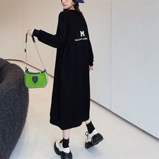 해피유통 여성 가을겨울 루즈핏 순면 긴팔 원피스 심플 레터링 디자인wd