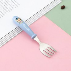 304不銹鋼寶寶專用勺叉 兒童輔食學習餐具, 1個, HAPPY豬藍,一個叉子