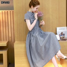 DFMEI 반팔 미디엄 미디엄 스커트 미디엄 원피스 퓨어 칼라 웨이스트업