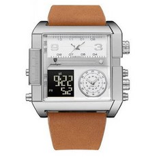 poedagar金色方形雙顯手錶，復古皮革錶帶，時尚個性男士腕錶