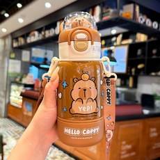 卡皮巴拉兒童保溫杯上學專用吸管水杯食品級小學生幼兒園專用水壺, 【一杯三用】咖色400ml, 1個