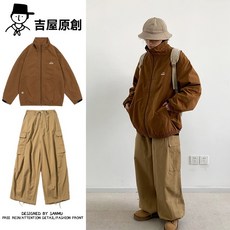 日系戶外防水露營機能工裝夾克男純色寬鬆衝鋒衣套裝 (兩件裝/單件)