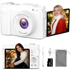 사진 촬영용 4K 디지털 카메라 플립 스크린이 있 소형 브이로그 유튜브용 50MP 16배 줌 휴대용 여행용 32GB SD 카드 포함 초보자용(화이트), White