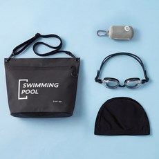 서프베이 방수 어린이 생존수영세트 가방+수모+수경+타월, 1세트, 블랙