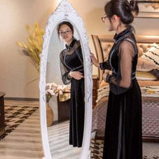 【豆腐妹的窩】破損補寄新品立體鏡子全身落地鏡女生臥室宿舍家用雕花歐式復古led穿衣試衣鏡, 白描銀