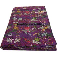 퀸/트윈/킹 퍼플 핸드메이드 칸타 버드 오브 파라다이스 프린트 퀼팅 퀼트 담요 침대 커버 스프레드 보헤미안 침구 던지기 (108X108 인치), 108X108 인치