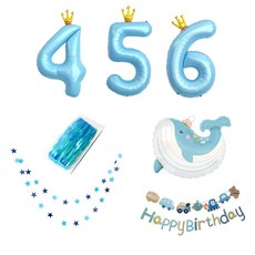고래 생일파티 장식세트 숫자풍선 별가랜드 파티커튼 생일꾸미기, 1세트, 블루생일파티4~6