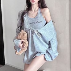 SISI 套裝 寬鬆圓領長袖印花字母露肩上衣 無袖露背背心
