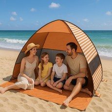 썬픽 원터치 그늘막 텐트 대형(3~4)인용 + 고정핀 가방, 스트라이프-오렌지