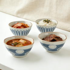 호밍사이 빈티지 블루 스트라이프 도자기 그릇 세트 4종 세트, 4개, 블루+그레이