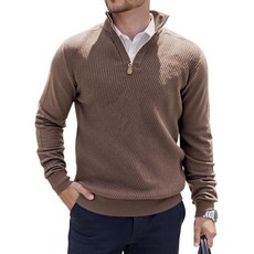 LIFROWI 남성용 쿼터 지퍼 풀오버 스웨터 슬림핏 긴소매 니트 경량 모크넥 캐주얼 폴로 스웨터 커피 1개. M