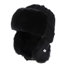 冬季騎行加絨加厚保暖護耳針織毛線帽, 黑色