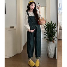 임산부 멜빵바지 세트 임부 봄 가을 긴팔 셔츠 + 빈티지 와이드 데님 점프수트 세트 캐주얼 임부복 YXF