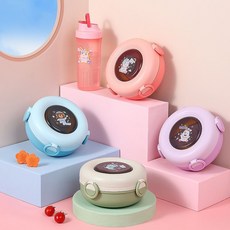 兒童寶寶卡通食品級304不鏽鋼保溫飯盒小學生專用分格便當盒餐盤, 1個, 卡通3格圓形600ml-送勺-叉-料碟,粉色-獨角獸, 粉色-獨角獸