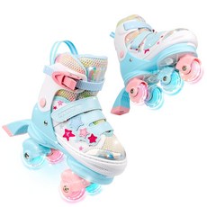 LEVYTEMP 아동용 3-in-1 조절 가능한 롤러 스케이트 | 인라인 트라이스케이트 및 쿼드 스케이트 여아용 키즈용 라이트 업 휠 사이즈 가능 안전하고 통기성이 좋은, 스카이 블루(3 IN 1)