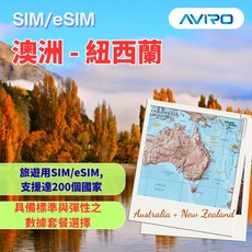 AVIRO 澳洲 - 紐西蘭 SIM/eSIM 旅遊數據卡 支援200個國家, 不限量,30