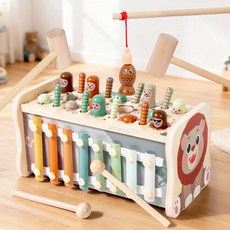 兒童木質多功能打地鼠敲琴釣魚抓蟲益智玩具, 五合一打地鼠【獅子款】1.1kg, 1個