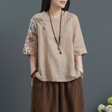 棉麻刺繡上衣 女 夏季 寬鬆 民族風 文藝 中式T恤, 2XL, 1個, 2XL