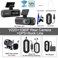 대시 캠 4K UHD 자동차 카메라 전면 듀얼 렌즈 GPS WiFi 24h 주차 모드 야간 투시경 DVR 비디오 등록자, 01 V22D-GPS-6M RCC-BL, 04 128G