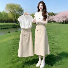 PKTOYS 여름 심플 베이직 반팔 셔츠 하이웨스트 A라인 플레어 스커트 투피스 세트 데일리 캐주얼 오피스룩 데이트룩