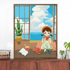 DIY 디지털 유화 그림 거실 풍경 유화 스틱 아트 컬러 페인팅, B041 수박을 먹는 소녀, 1개