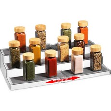 오이지르 확장 가능한 향신료 정리함 - 3단 주방 캐비닛 및 팬트리 보관을 위한 투명한 조절 층별 선반, 1-Pack, White/Grey
