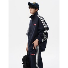 條紋撞色運動開衫衛衣套裝男潮牌秋季寬鬆直筒闊腿休閒衛褲兩件套