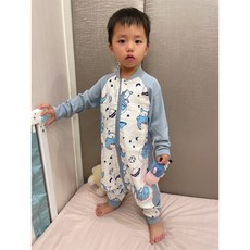 愛北鼻 純棉紗布 竹節棉 防踢被 拼色分腿睡袋 加寬側圍 三頭拉鍊 前4後4層, 藍太空恐龍70碼純棉款