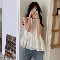 [SML/양면착용] 여성 하객룩 출근룩 여리핏 민소매 프릴 언발란스 블라우스