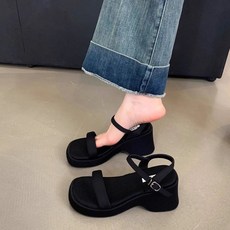 AREVI 여름 여성 웨지샌들 패션 고급 단색 일자 버클 통굽 힐